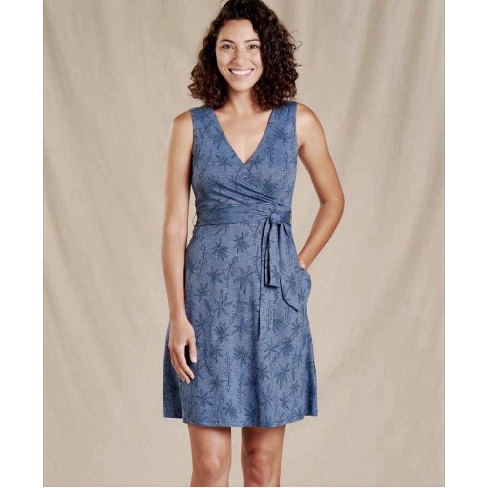Toad & Co Women's Faux Wrap Dress Size Medium Blue Organic Cotton Sleeveless